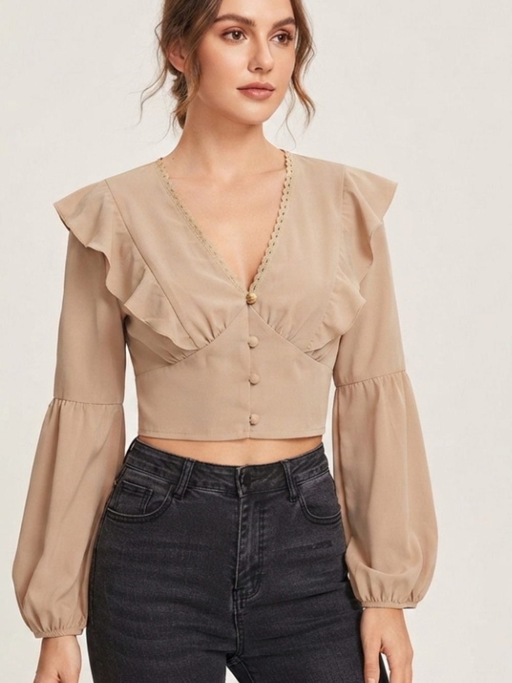 CHICME Beige Ruffle V-Neck Crop Top Blouse Size 12 . Lantern Sleeve